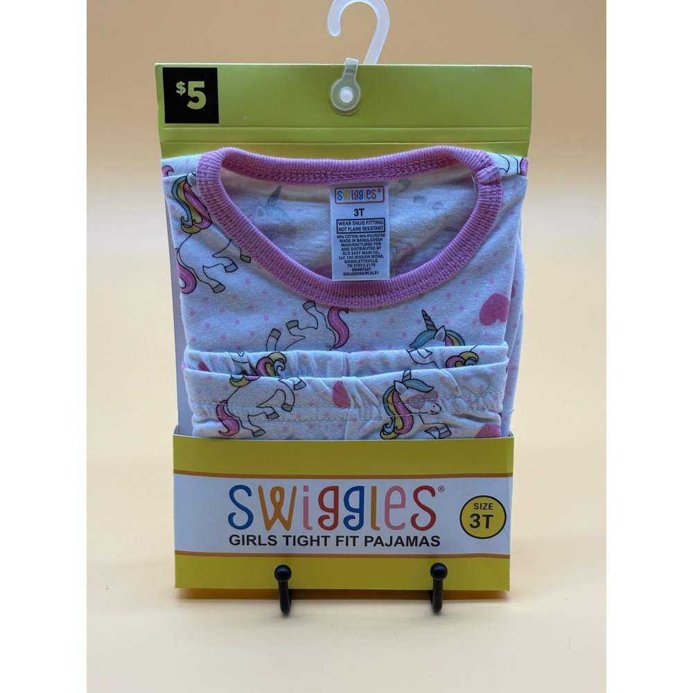 Swiggles Girls 3T Unicorn Rainbow Tight Fit Pajamas 2pc Set White Pink